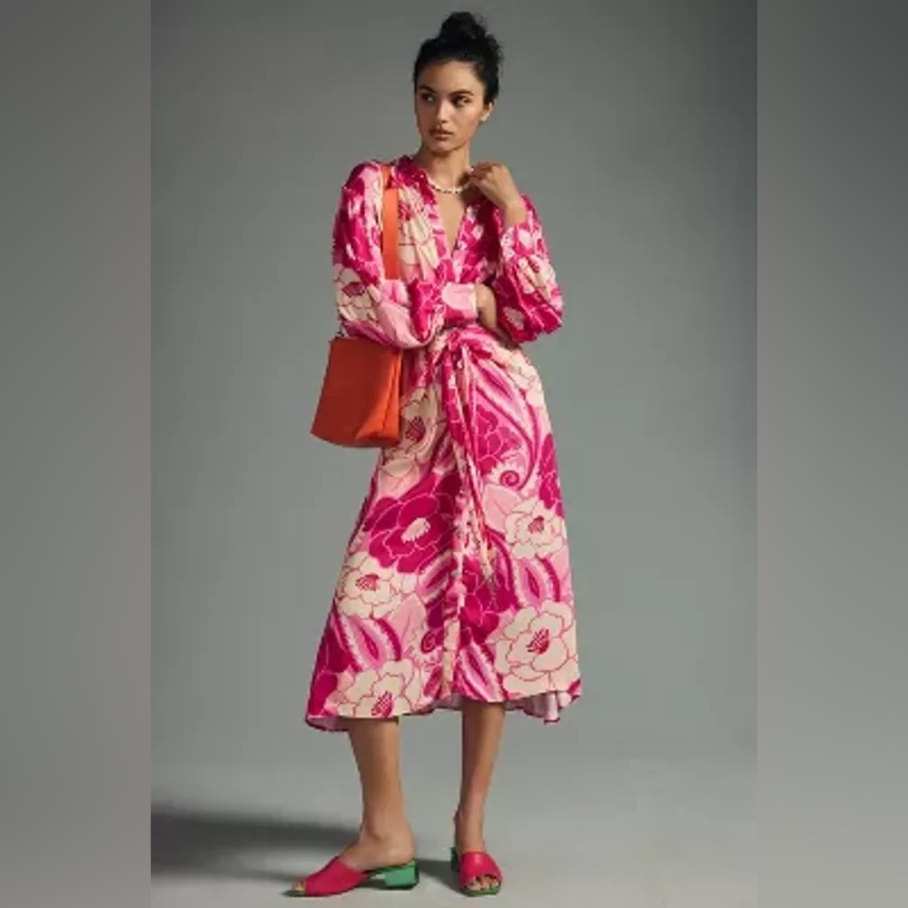 🥭FARM RIO Tropical Groove Floral Long Sleeve Midi Shirtdress